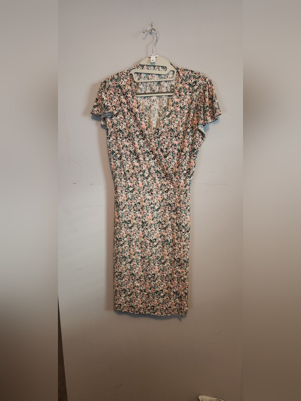 Nine West Pink and Green Floral Wrap-Style Midi Dress